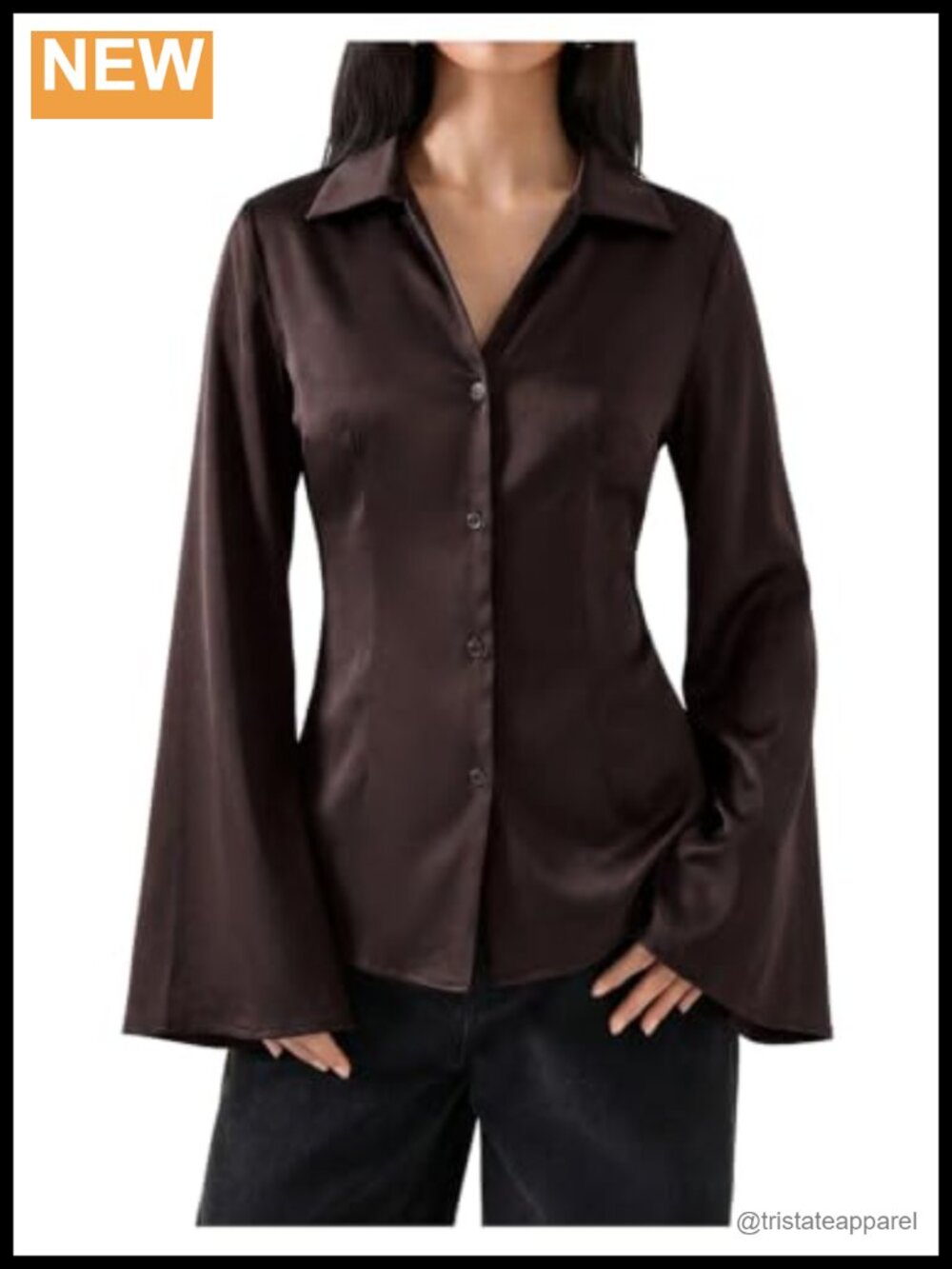 Satin Bell Sleeve Button Down Blouse with Cinched Waist
